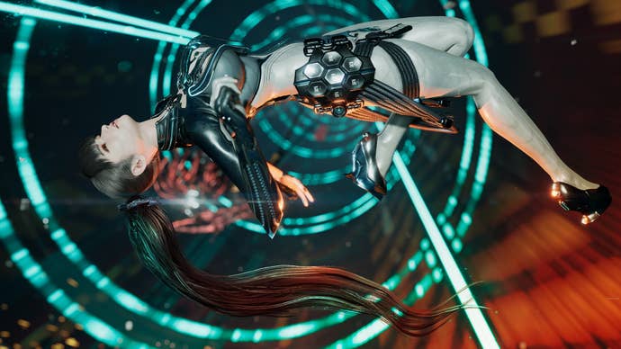 Eve, a pistillate wearing precise choky sci-fi clothing, is floating successful Stellar Blade.
