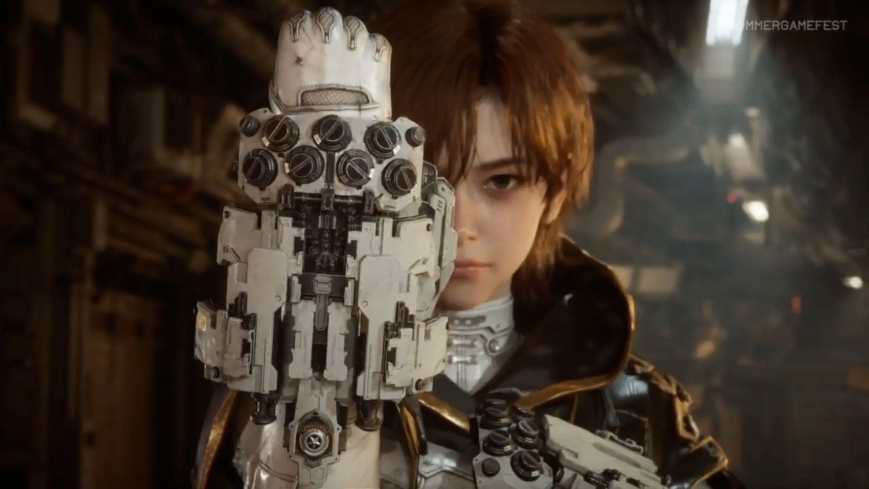 Evie from Stellar Blade Blood Rain, with her white gauntlet.