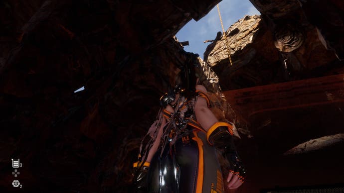 stellar blade looking up at a rope hanging from ceiling