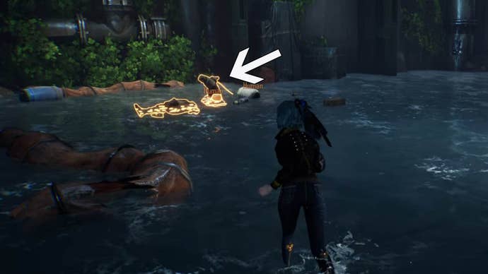 Stellar Blade, an arrow is pointing to a body kneeling by another in the Underground Sewer.