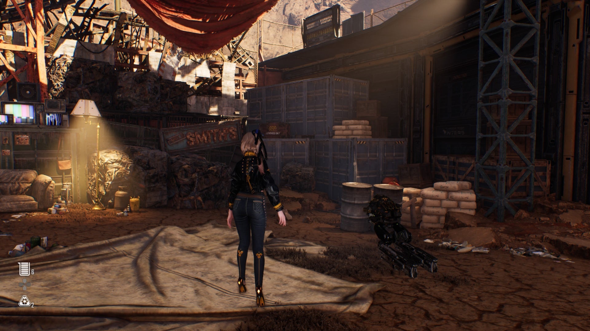 stellar blade wasteland digger junkyard smiths sign near shipping containers