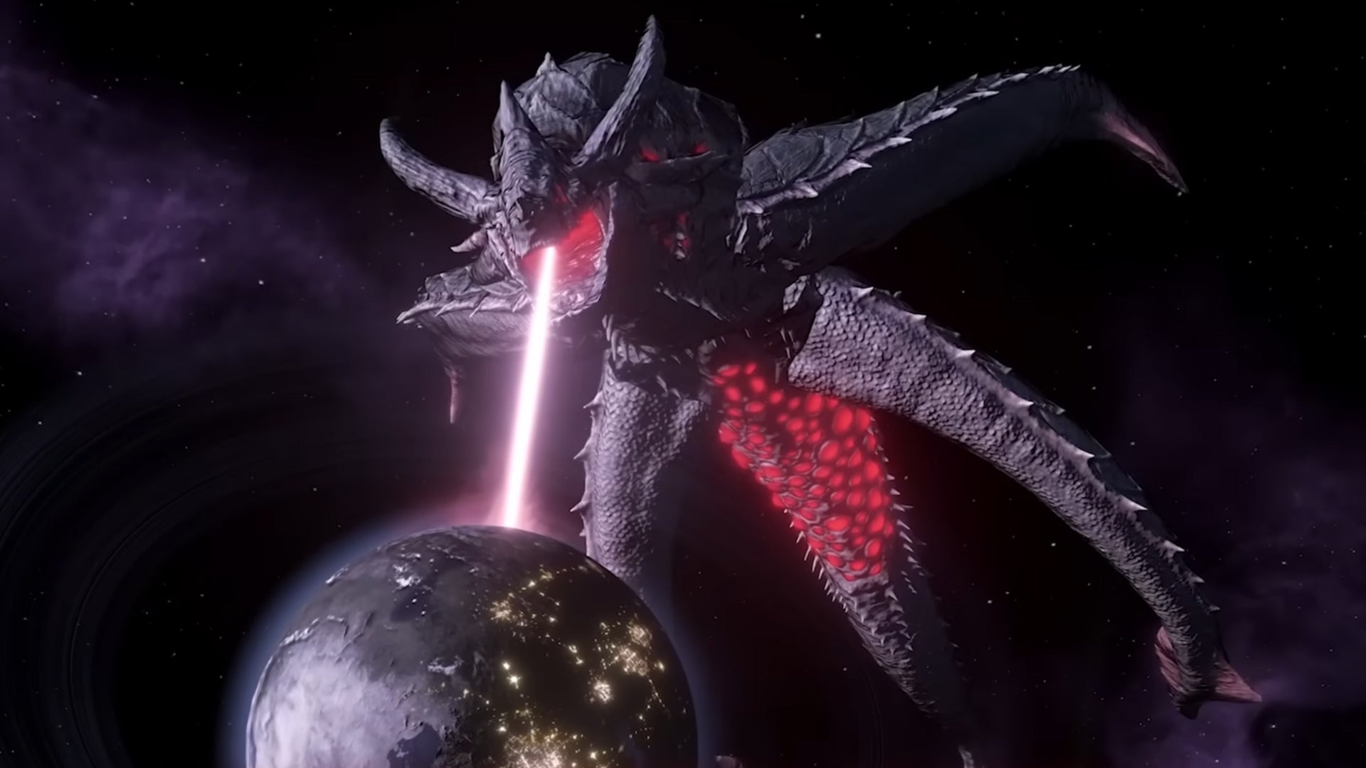 A giant space monster is firing a laser beam from its mouth at a planet in Stellaris. - 1