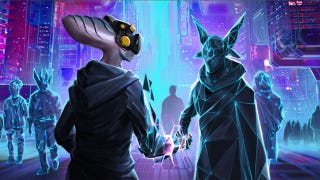 Artwork for Stellaris' The Machine Age expansion showing two alien lifeforms shaking hands in a neon-coloured city street.