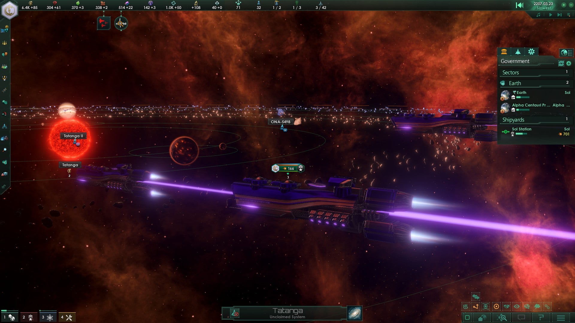 A cyborg ship flies around in a red tinged nebula in Stellaris The Machine Age - 1