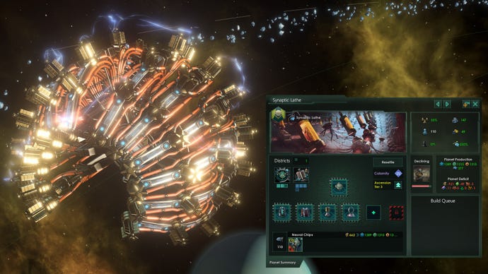 The player opens a menu for the Synaptic Lathe in Stellaris' The Machine Age expansion