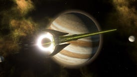 A pointy ship passes in front of a planet in Stellaris' The Machine Age expansion