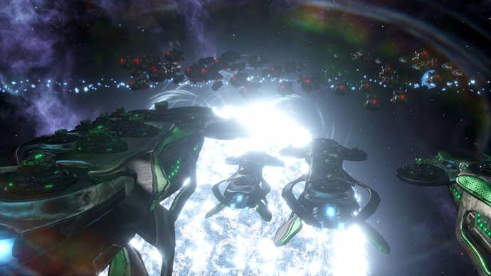 A clump of spaceships flying towards a bluish achromatic prima successful Stellaris