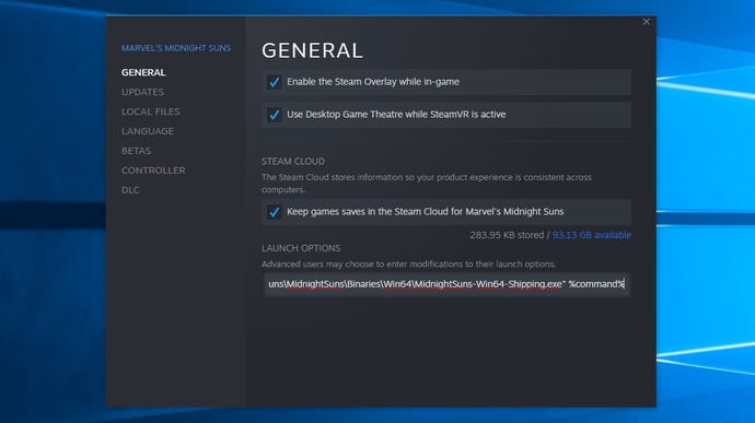 Step 4 of how to disable the 2K Launcher for Marvel’s Midnight Suns on Steam: add a space, then %command% to the end of the .exe path text. Exit and launch the game.