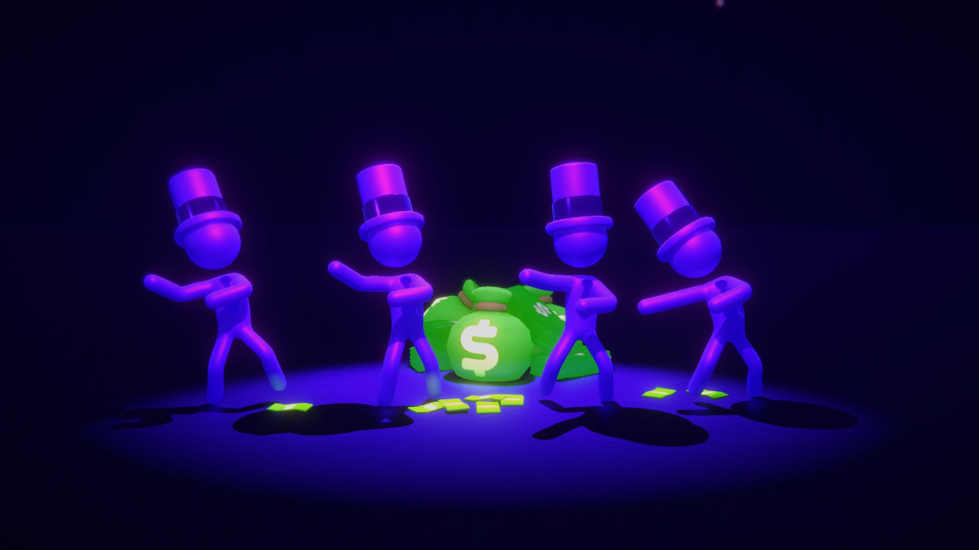 Some stickperson execs in top hats dancing in front of a pile of cash. - 4