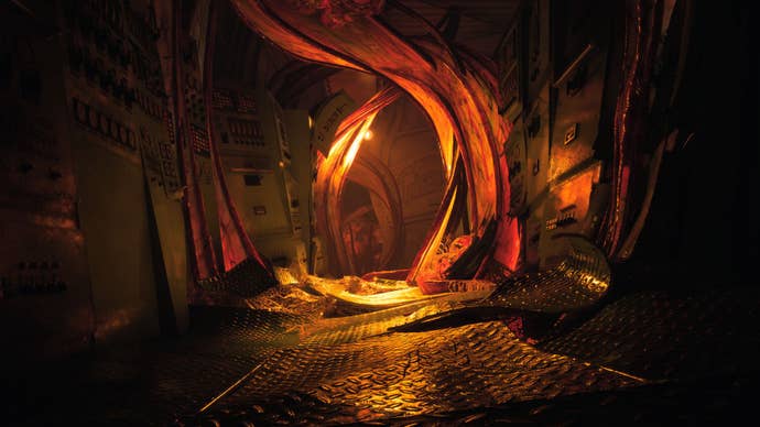 A twisted corridor lit by orange-red airy successful fearfulness crippled Still Wakes The Deep