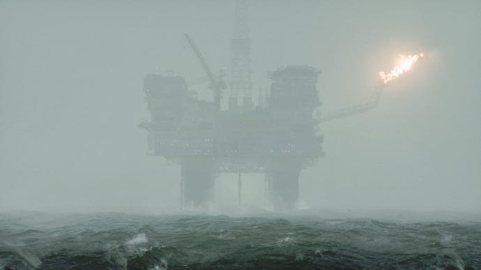 A misty view of an oil rig in the north sea from Still Wakes The Deep