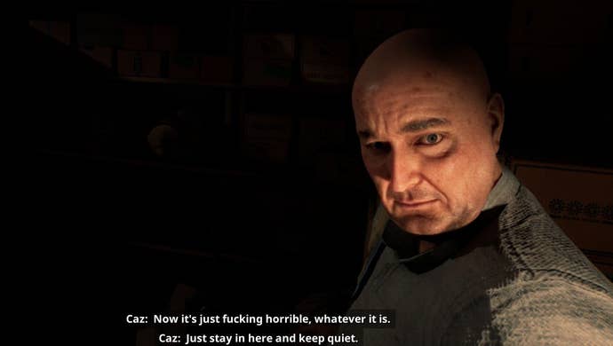 Caz speaks to his friend Roy about the monsters that have appeared on their oil rig.