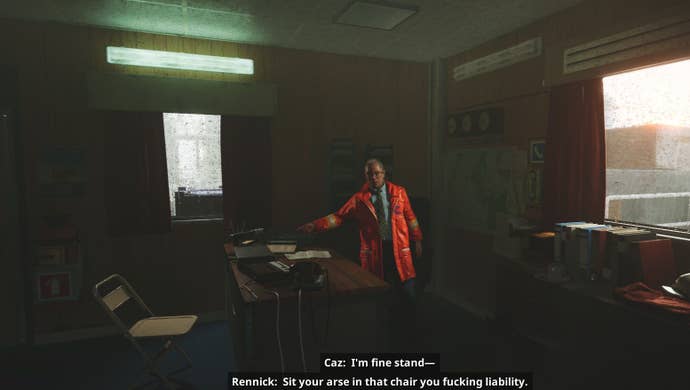 Rennick, the oil rig’s boss, orders the player to sit in a chair in his office.