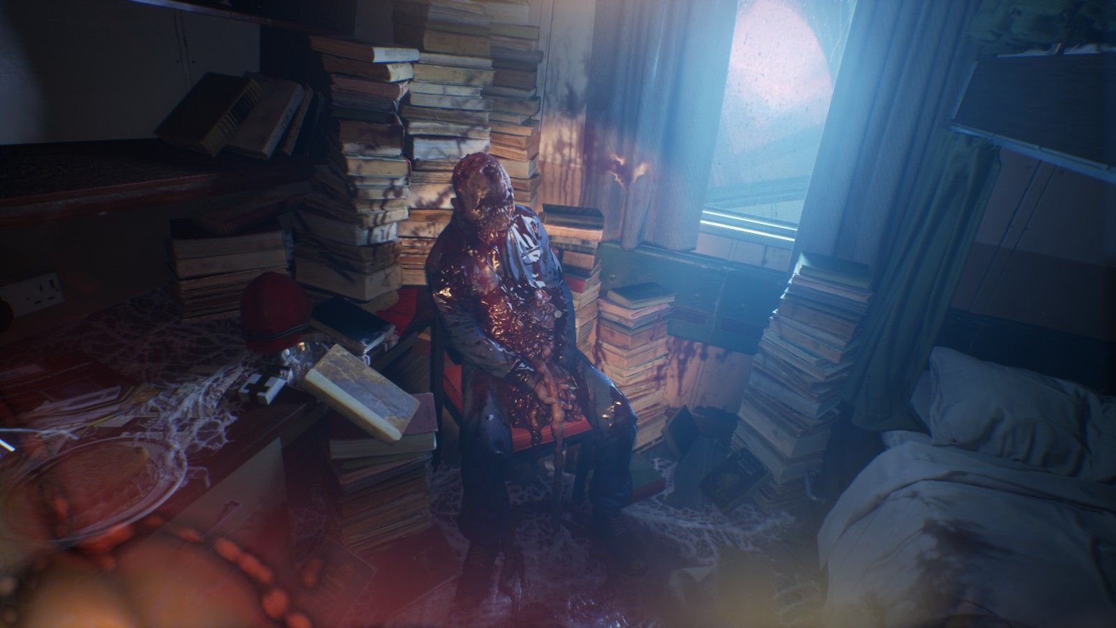 A mutilated body sits among stacked books in Still Wakes The Deep. - 7