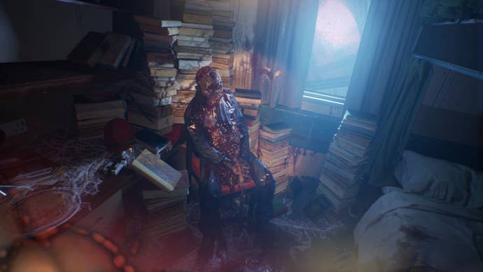 A mutilated body sits among stacked books in Still Wakes The Deep.