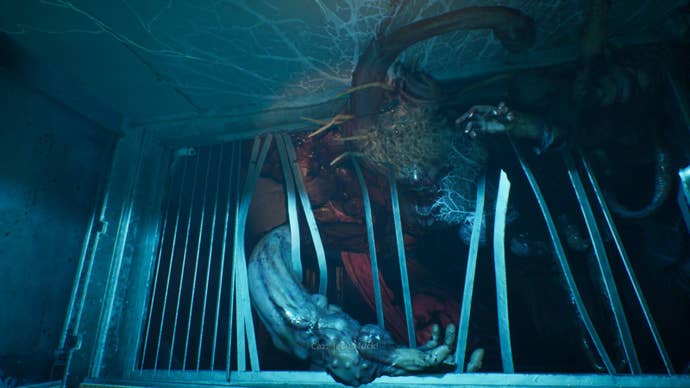 A contorted mass of flesh is bursting through the metal bars of a ventilation shaft.