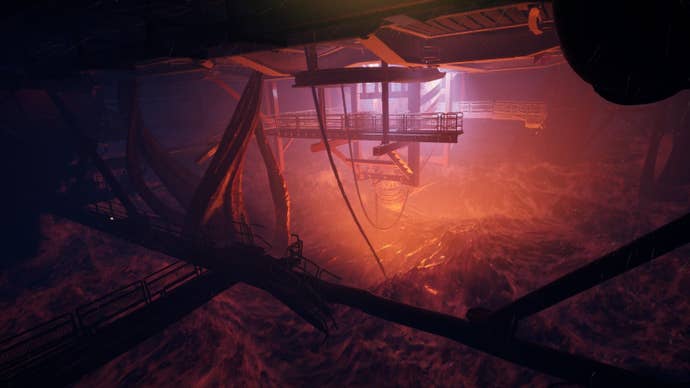 The sea swirls in a storm below the oil rig’s underside.