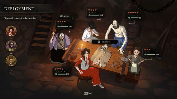 Five prisoners gather around a table in the deployment screen for The Stone of Madness.