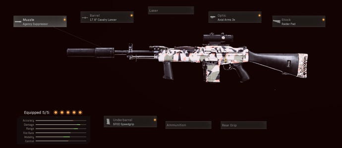 This sniper support Stoner 63 uses the agency suppressor, 17.8 inch cavalry lancer, axial arms 3x, raider pad, and SFOD speedgrip