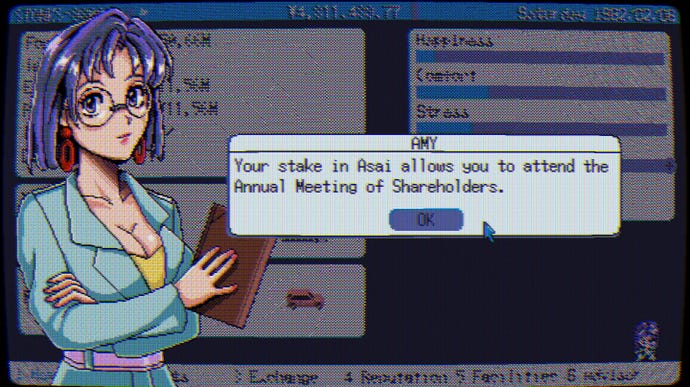 Amy pops up a dialogue box about attending an annual shareholders' meeting in STONKS-9800