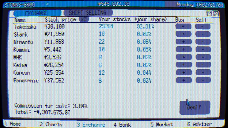 Buying and selling stocks on the market in investment sim STONKS-9800