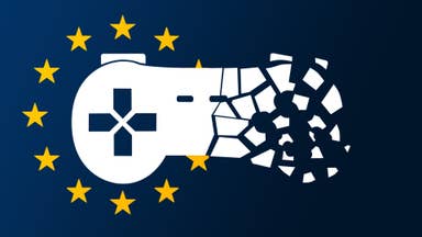 Stop Killing Games logo featuring a shattered game controller in front of the EU flag.