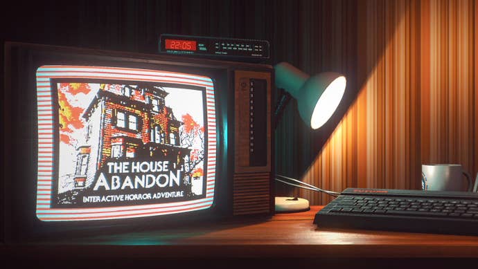 Image from Stories Untold of a TV with the text “The House Abandon: Interactive Horror Adventure”