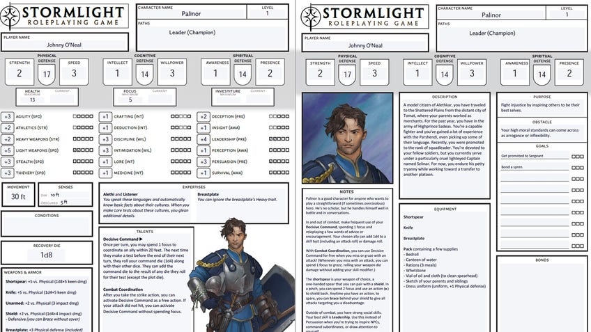 A character sheet for the Stormlight RPG.