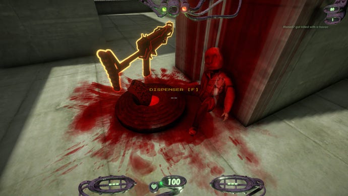 The player looks at a weapon pickup next to a bloodied corpse.