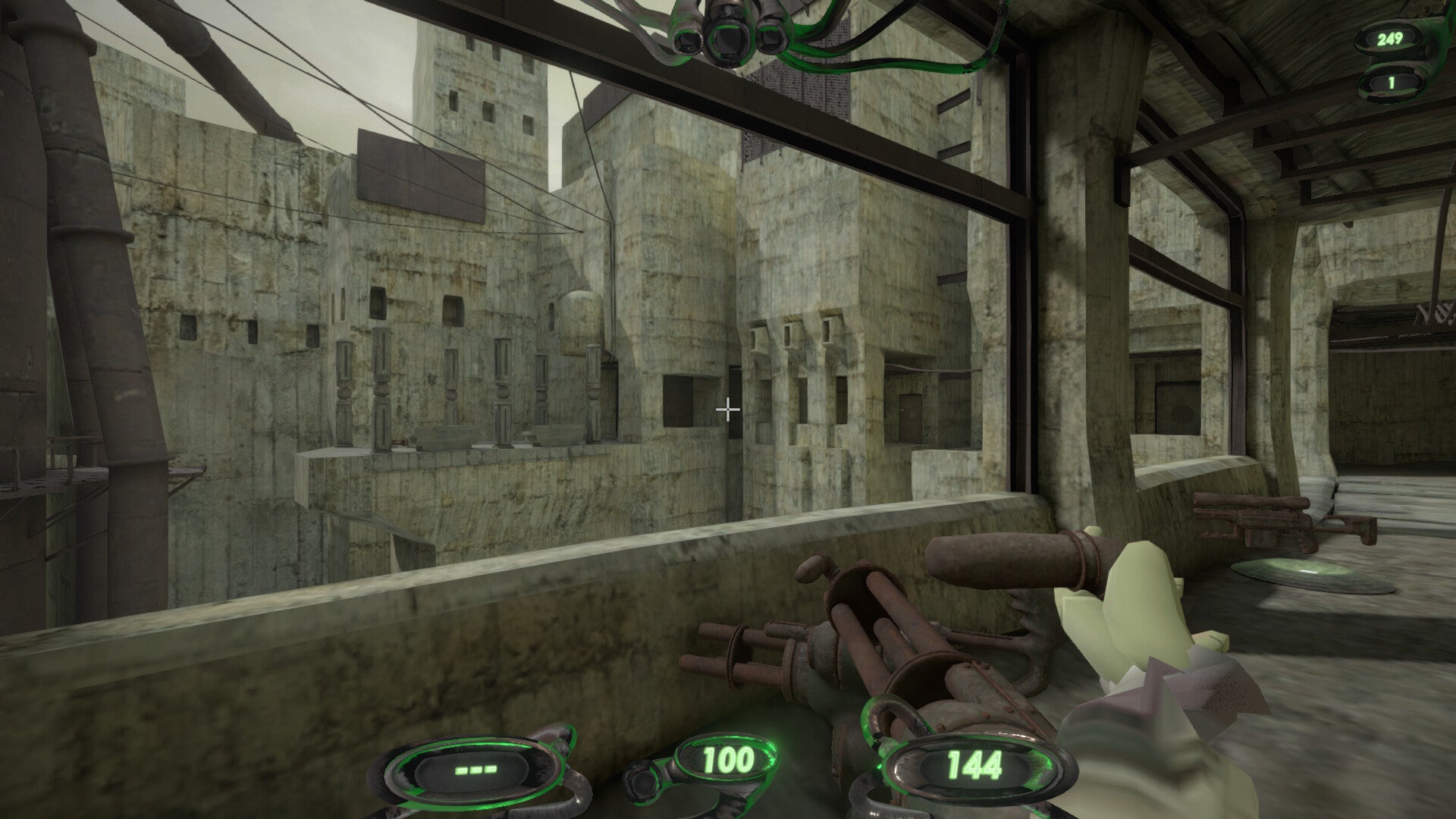 A grey city, viewed through a glassless window, concrete texture mis-aligned and stretched over every surface. - 1