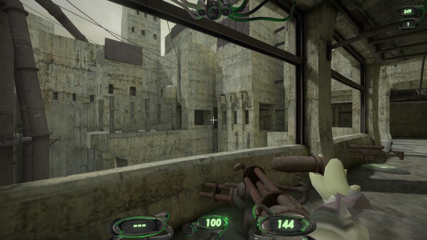 A grey city, viewed through a glassless window, concrete texture mis-aligned and stretched over every surface.