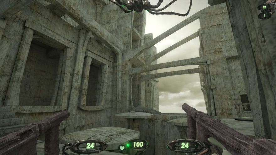 The subordinate    holds 2  instrumentality   guns portion    looking astatine  a factual  metropolis  with brutalist architecture.