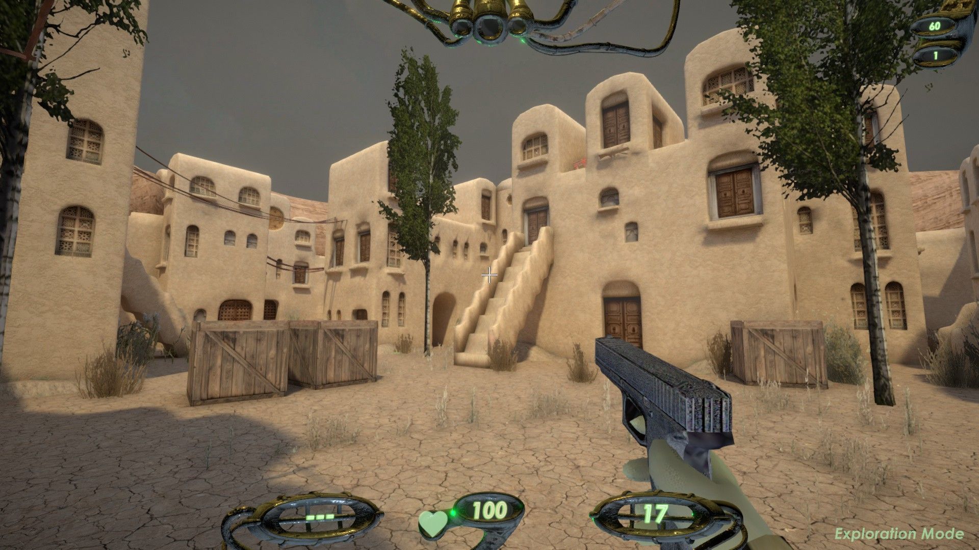 The player holds a pistol in a dusty desert map of adobe houses. - 1
