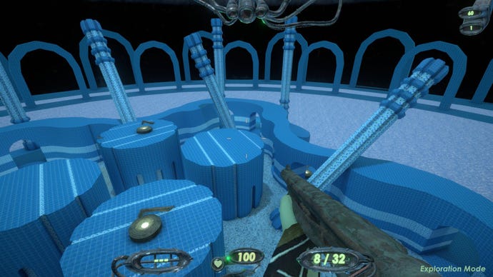 The subordinate looks down astatine the bluish tiles of an "aquatic" map, holding a shotgun.