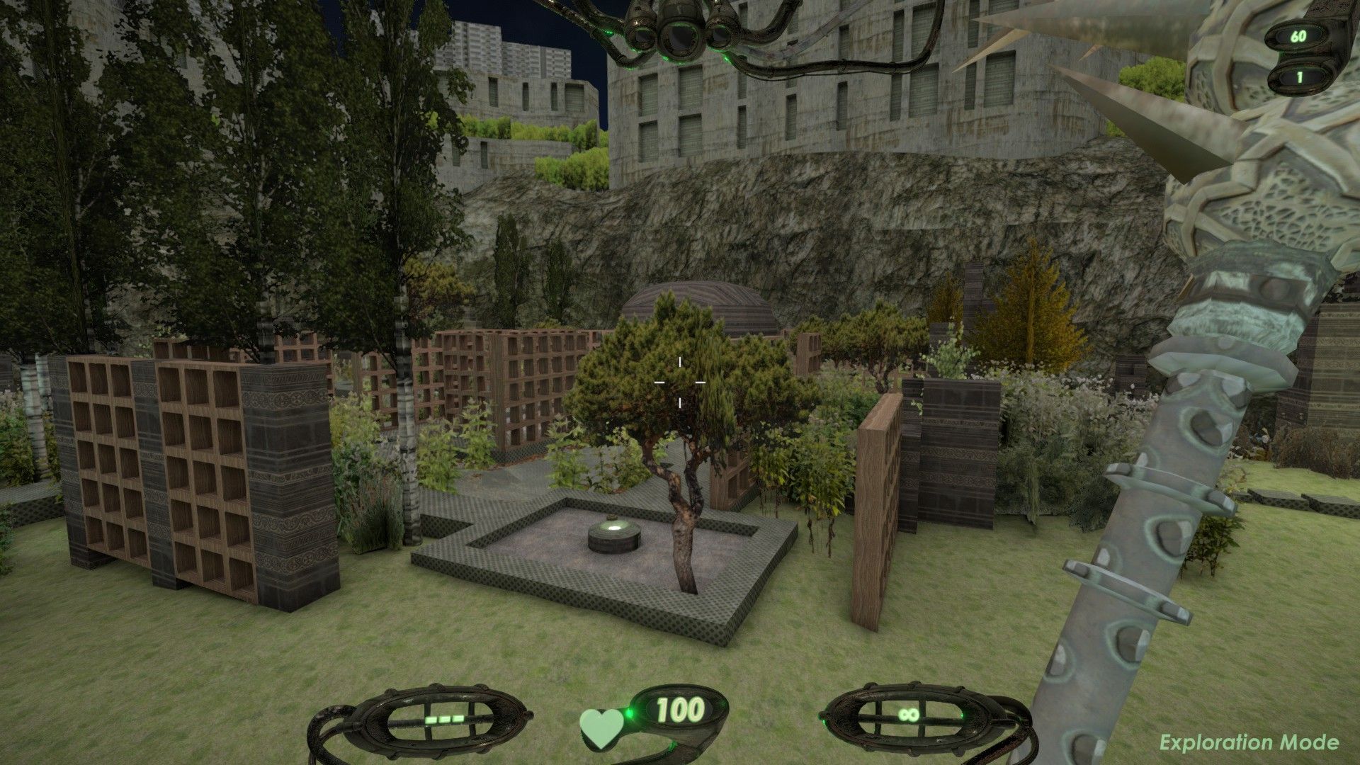 The player holds a mace in a garden of grass and trellises. - 5