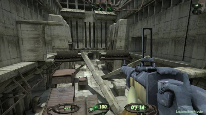 The player looks down a wide concrete corridor strewn with debris and rubble.