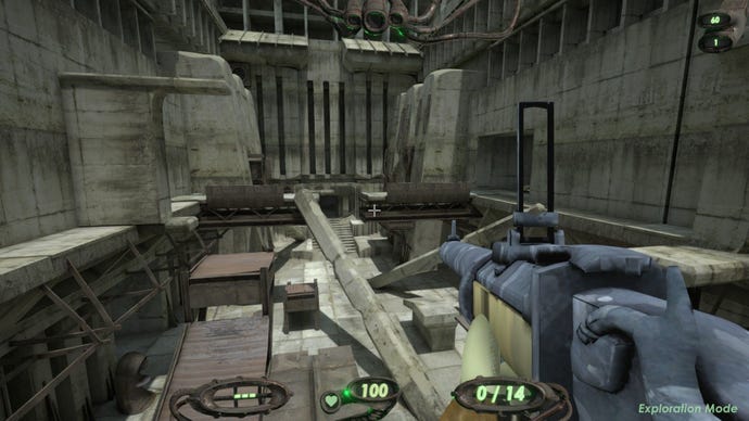 The subordinate looks down a wide factual corridor strewn with debris and rubble.
