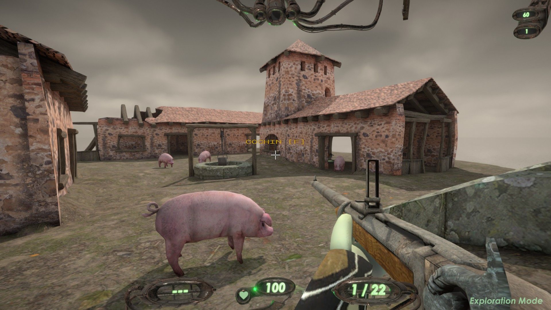 A pig shuffles in front of the player who is holding a rifle and looking at the pig farm in front of them. - 1