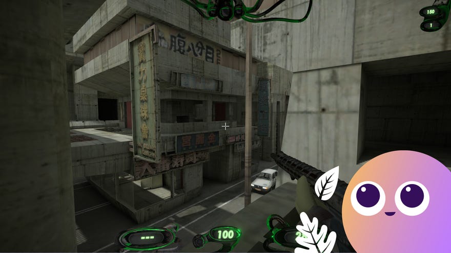 A view of a concrete city in FPS Straftat, with the Wishlisted mascot in the bottom right