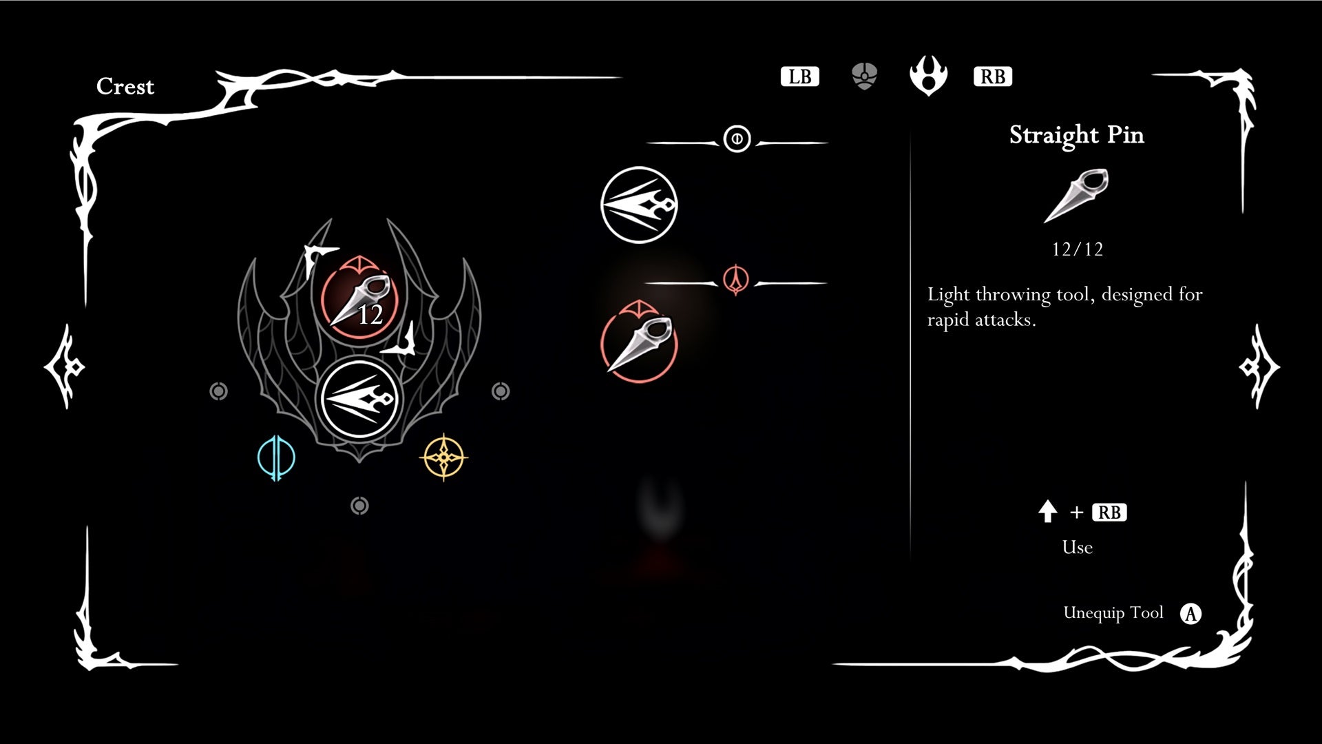The menu description for the Straight Pin - a thrown projectile - in Hollow Knight: Silksong. - 7