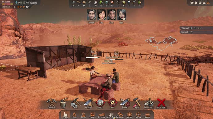 A breakfast scene at a desert camp in Stranded Alien Dawn