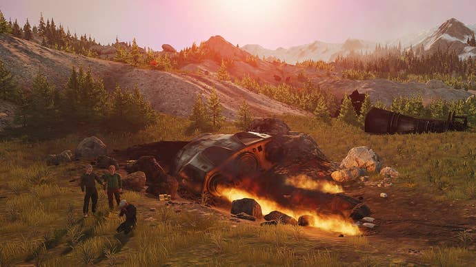 Three people stand in front of a crashed spaceship on an alien planet in Stranded: Alien Dawn
