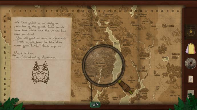 A screenshot showing the area map in Strange Horticulture, an alternate version of The Lake District. They’re using a magnifying glass to locate an area indicated in a letter sent to them