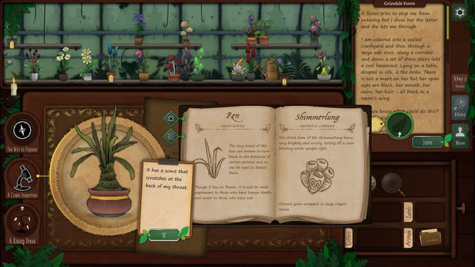 A screenshot of Strange Horticulture showing the shop’s wooden front desk. The player is trying to identify a plant, and has an encyclopaedia of plants open. They’re examining a likely plant more closely