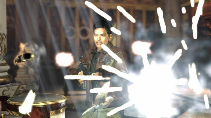 A man fires an assault rifle causing mega sparks in Strangehold