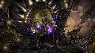 A screenshot of Strangeland, a point-and-click adventure, showing a creepy building shaped like clown's head, its tongue lolling out like a squishy red carpet.
