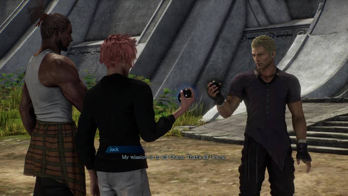 Jack, Ash, and Jed show each other their alien eggs (crystals) in Stranger Of Paradise Final Fantasy Origin.