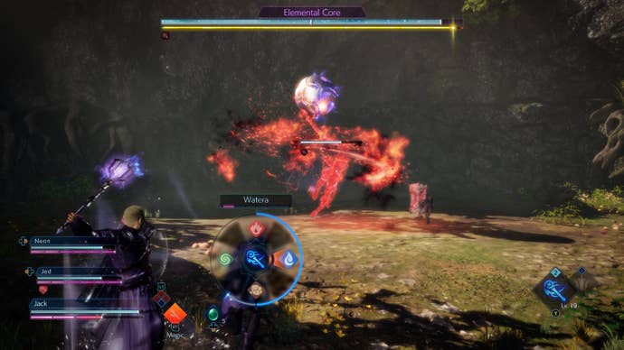 Jack and co. fight an fire/water elemental boss in Stranger Of Paradise Final Fantasy Origin.