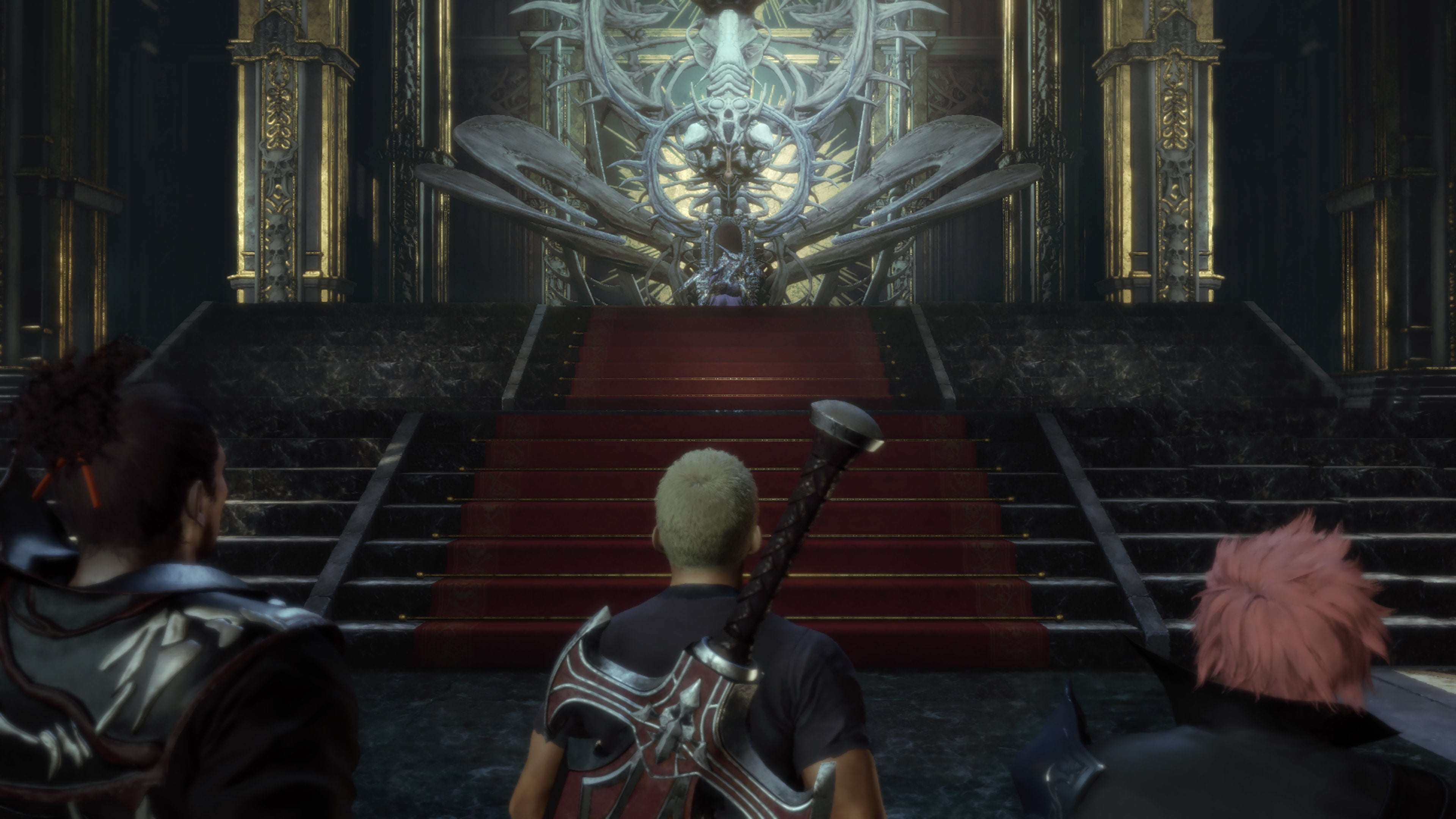 The party stand before a magnificent throne in a Stranger Of Paradise Final Fantasy Origin screenshot.