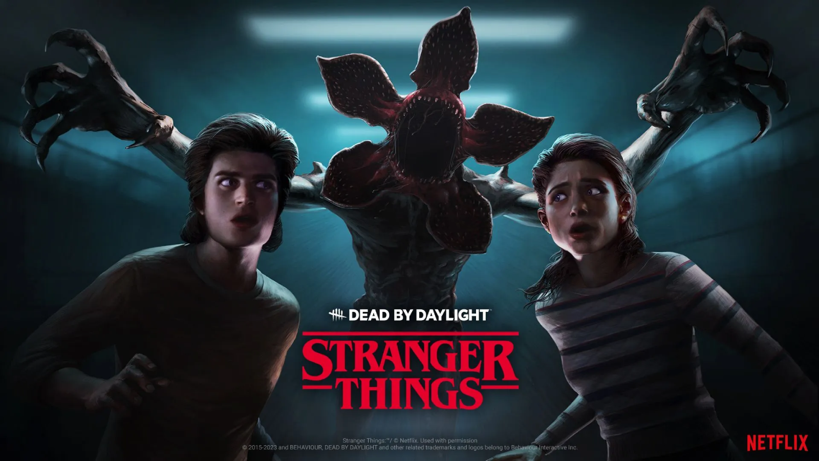 Stranger Things and Dead by Daylight logos with Steve, Nancy and the Demogorgon